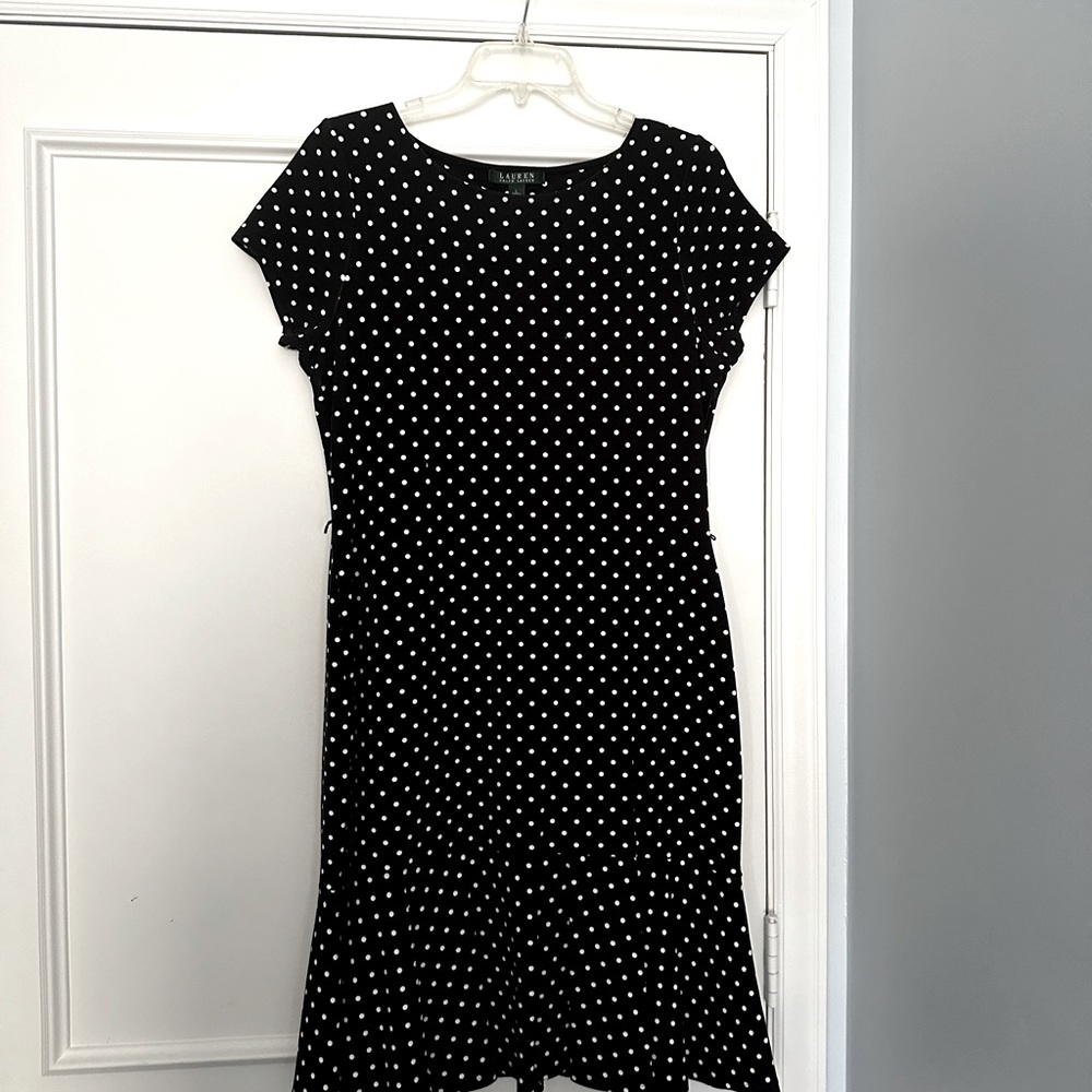 Ralph Lauren Black Dress with White Polka Dots, Size L With Flared Hemline